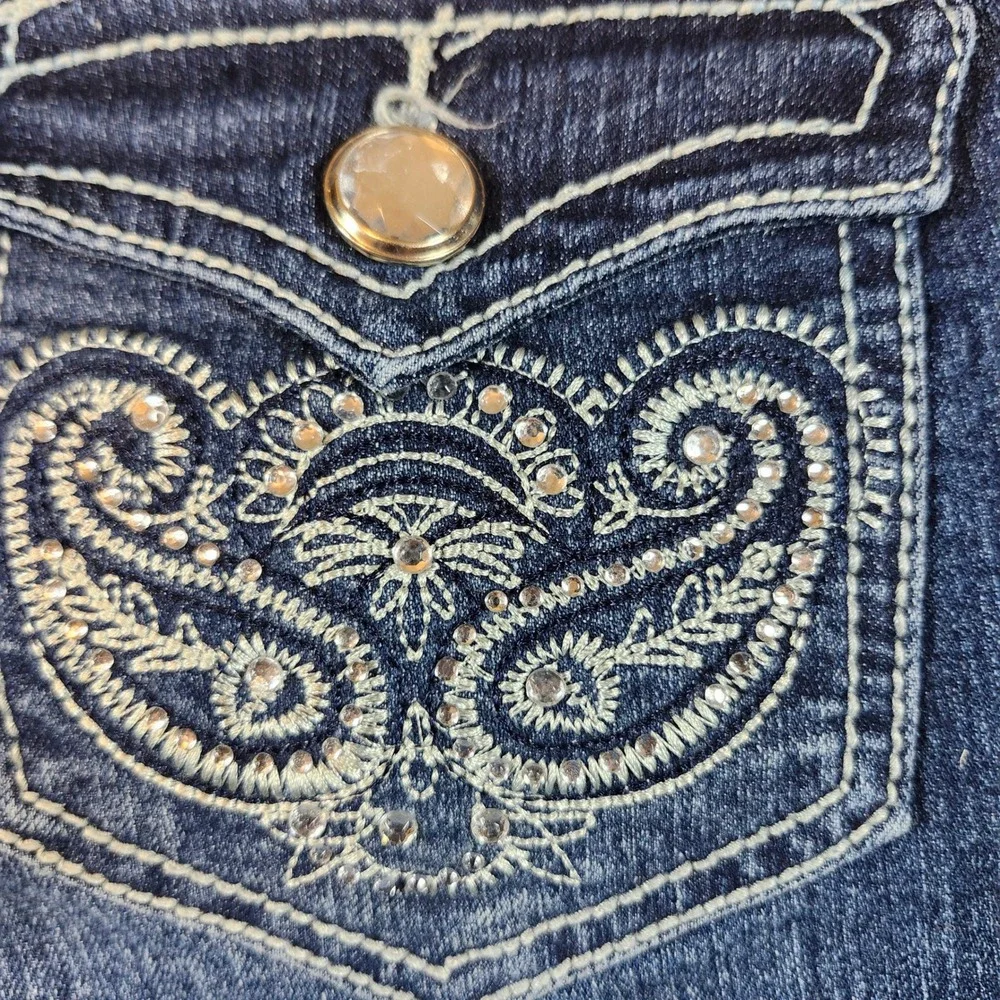 One 5one Bootcut Jeans Women 8 Dark Wash Blue Excellent Embroidered Rhinestone - Picture 12 of 15